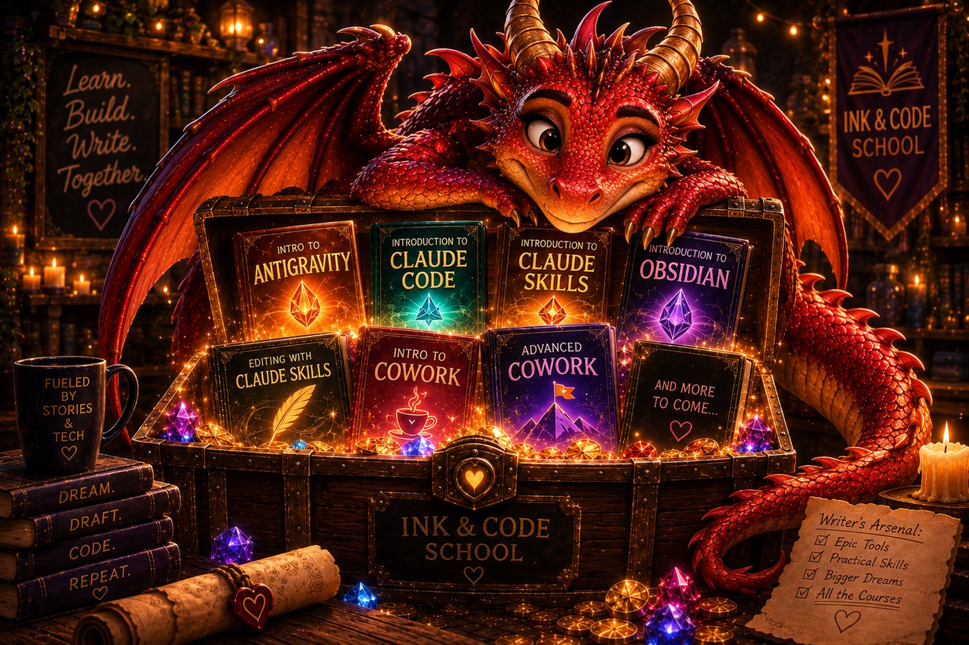 Ruby the dragon draped over a treasure chest full of glowing Ink & Code course tomes